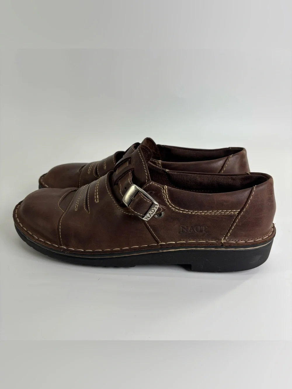 Naot brown leather comfort loafers 42 monk strap buckle chunky 90s grunge